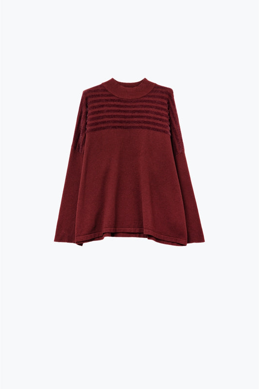 Q2 Jersey relajado de cuello alto con rayas texturizadas en burdeos