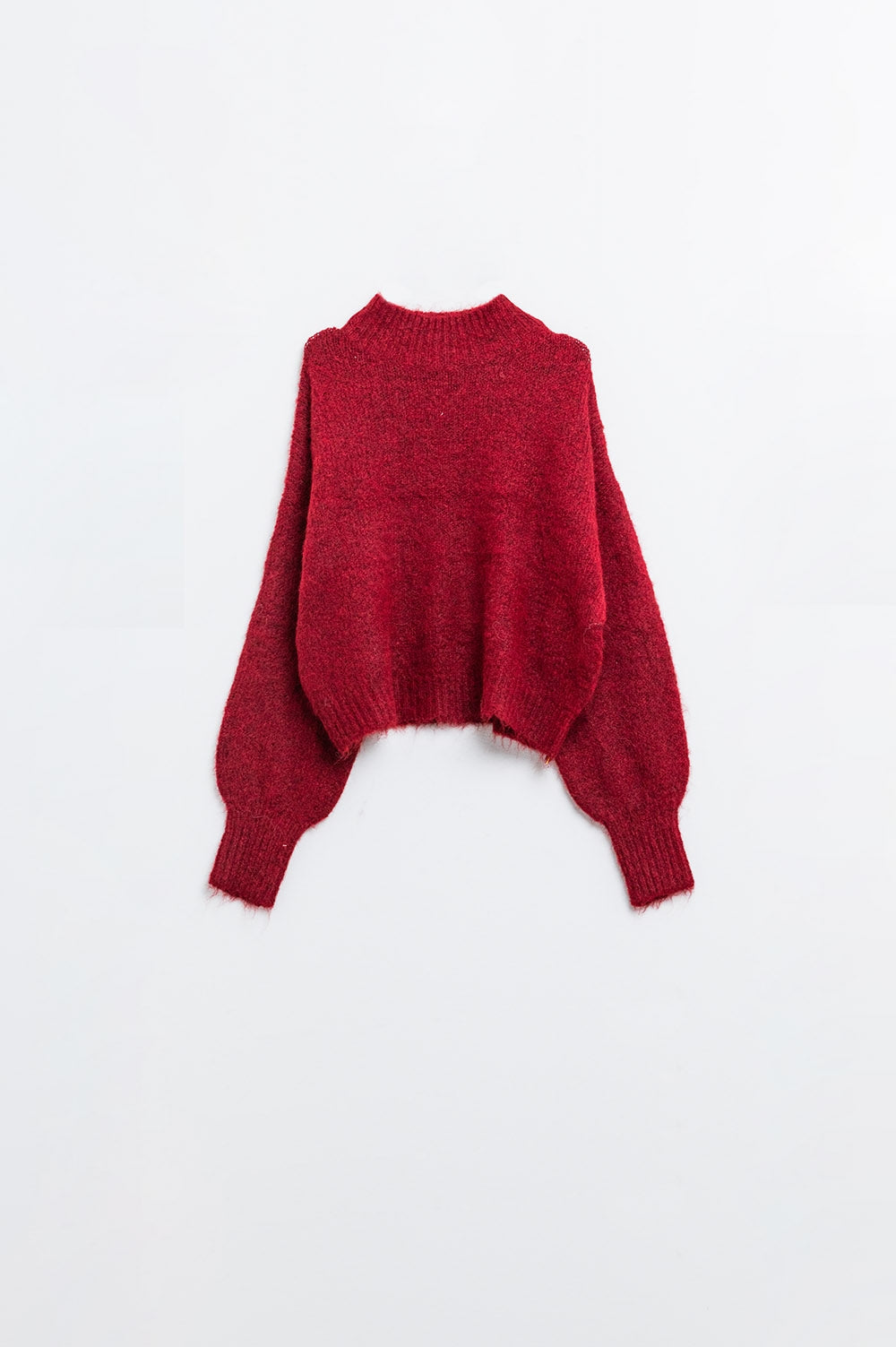 Jersey rojo esponjoso con cuello alto y mangas globo Q2