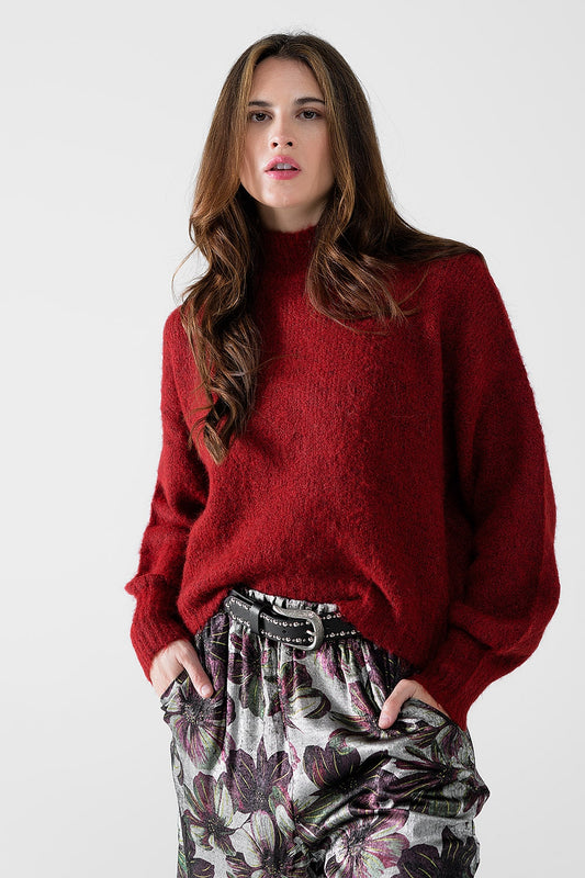 Q2 Jersey rojo esponjoso con cuello alto y mangas globo