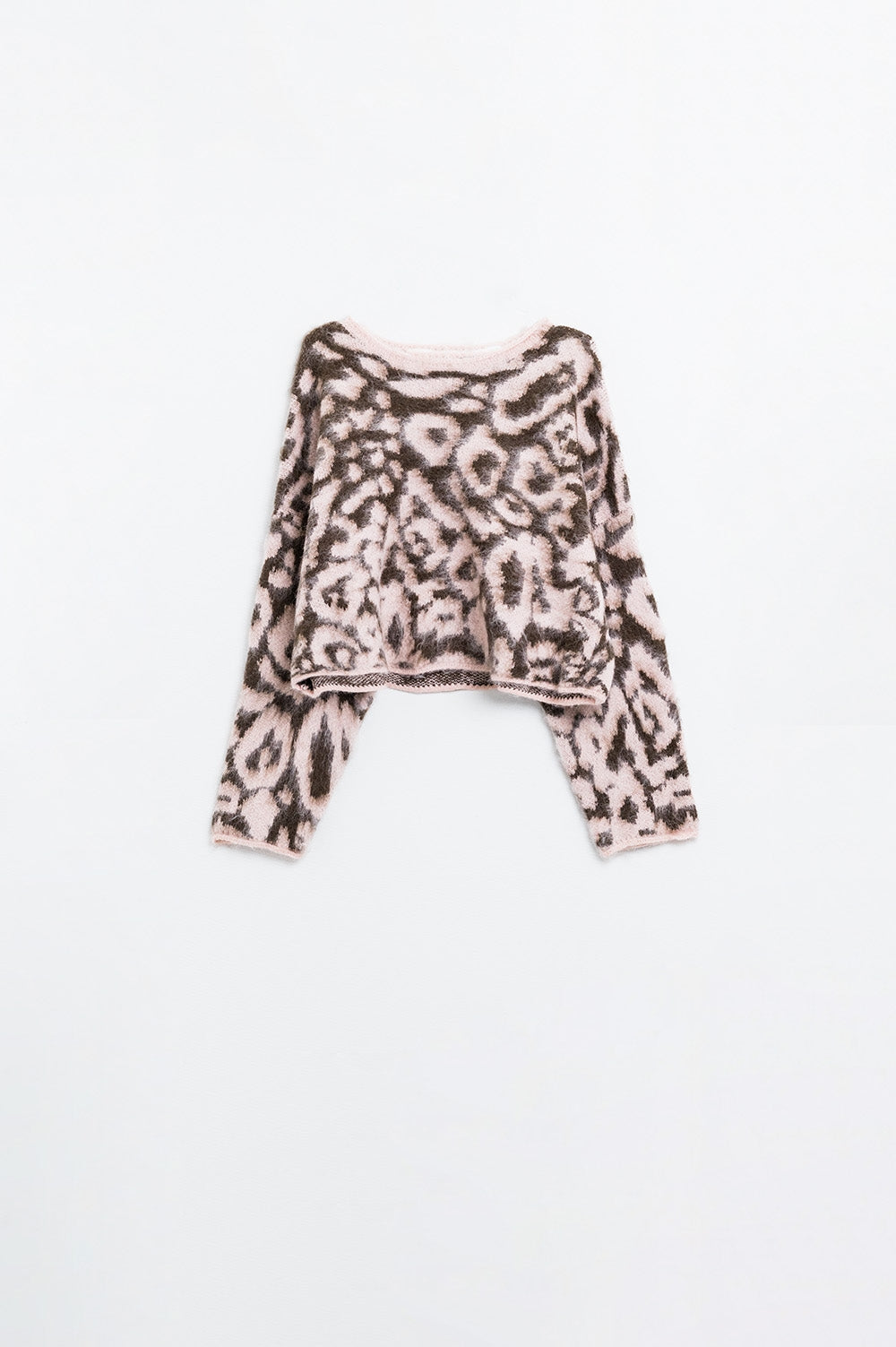 Jersey rosa con estampado de leopardo de punto de lana Q2