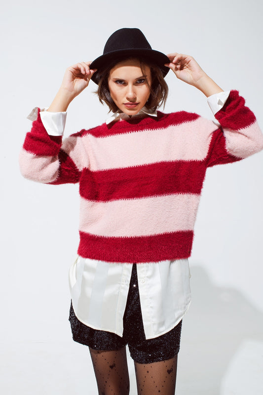 Q2 Jersey rosa con rayas y cuello redondo