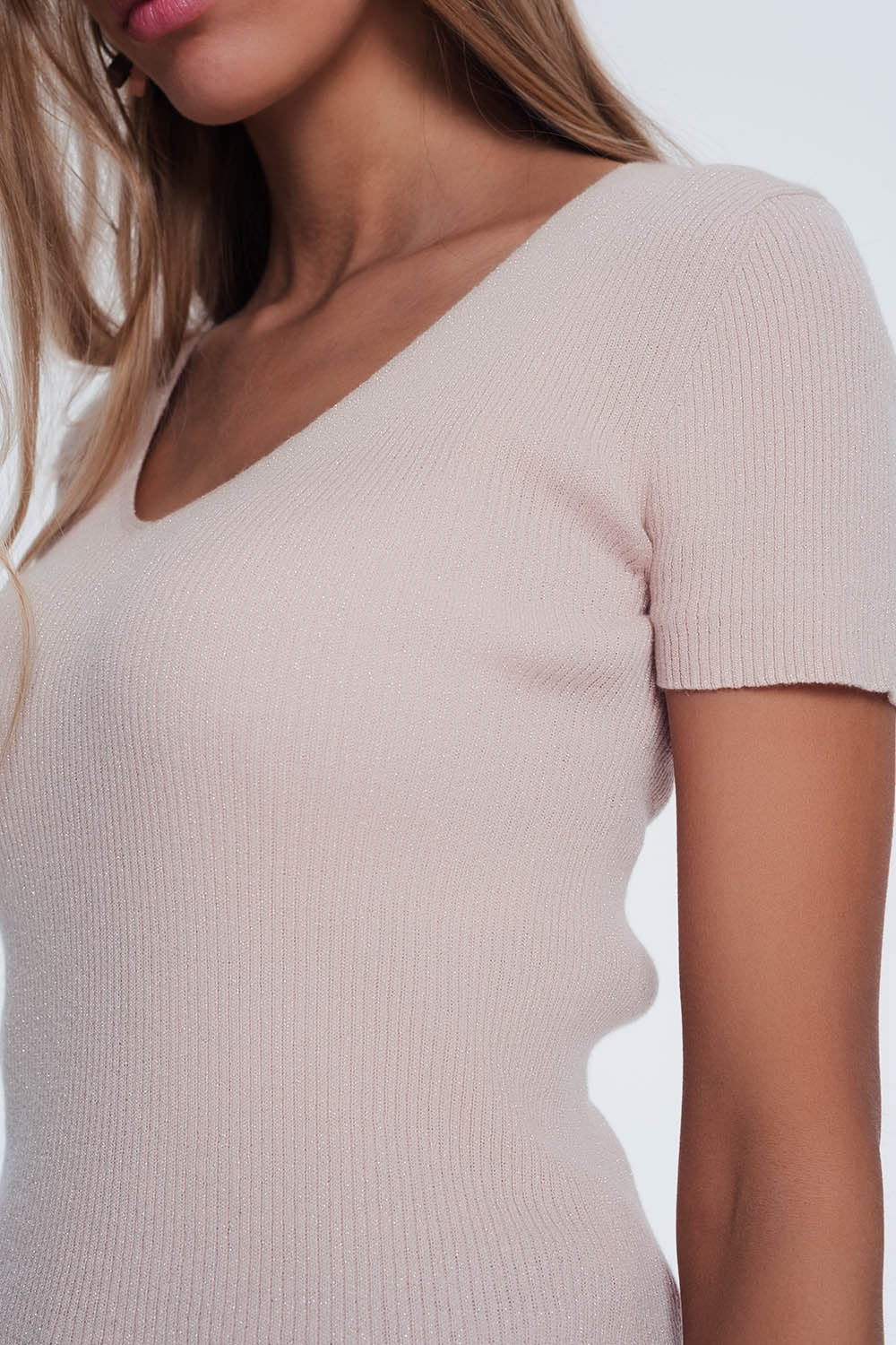 Jersey rosa de manga corta en punto de canalé fino Q2