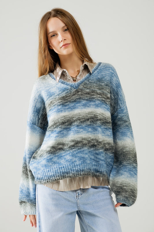 Q2 Jersey suelto con cuello de pico y rayas azules y grises