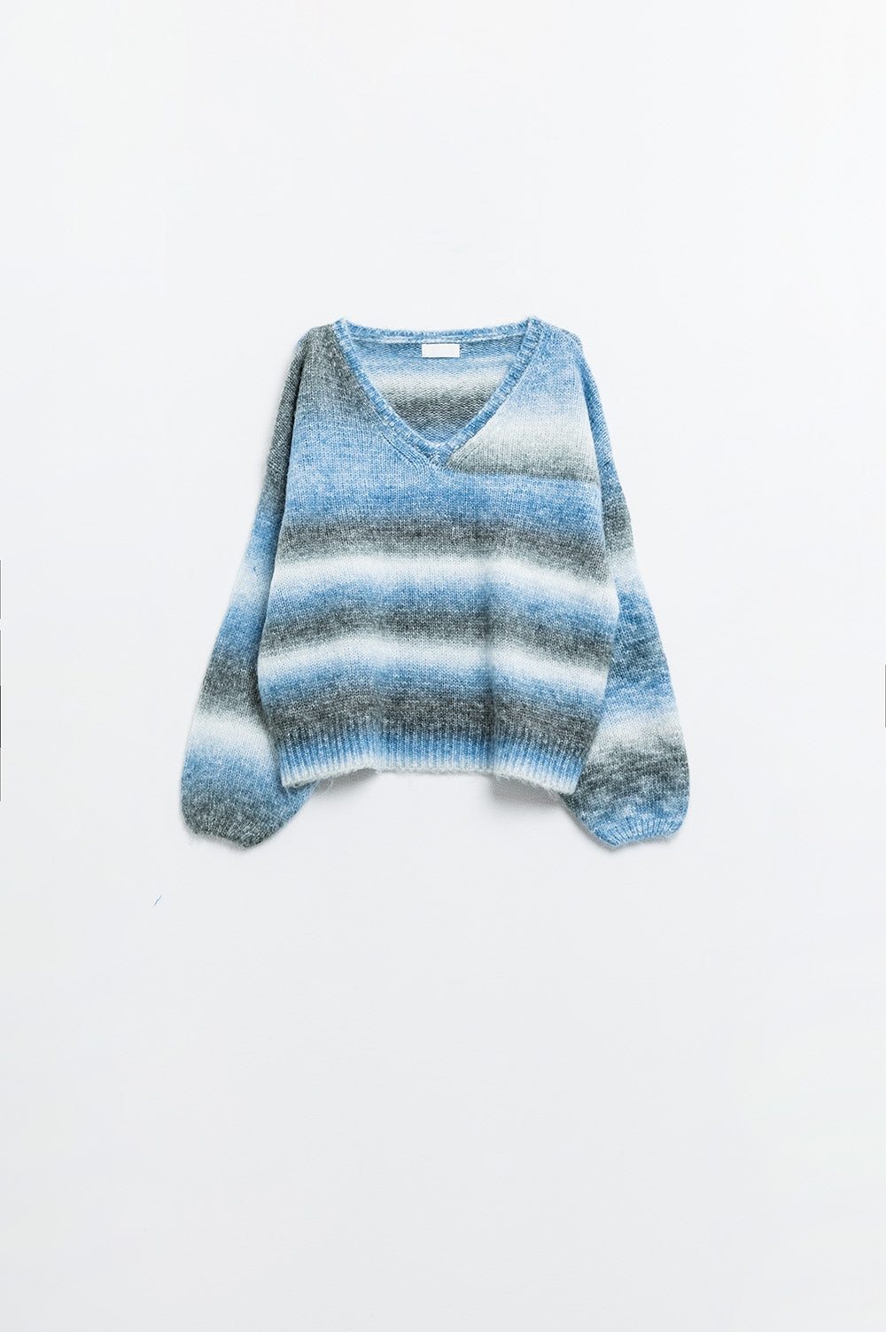 Jersey suelto con cuello de pico y rayas azules y grises Q2