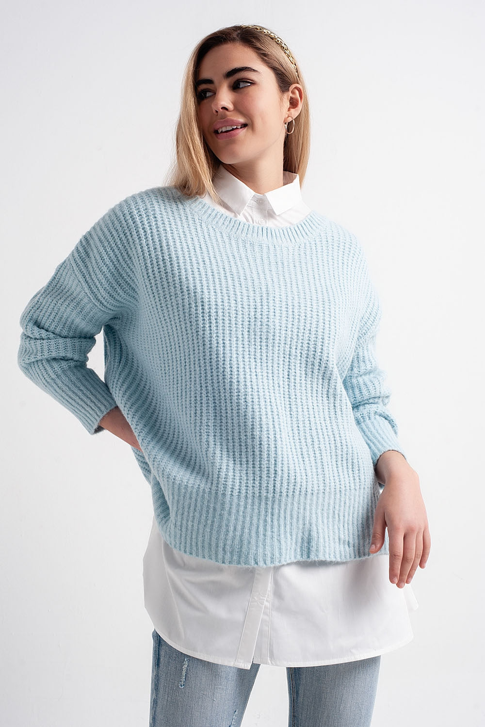 Jersey turquesa extragrande de canalé de punto estilo boyfriend Q2