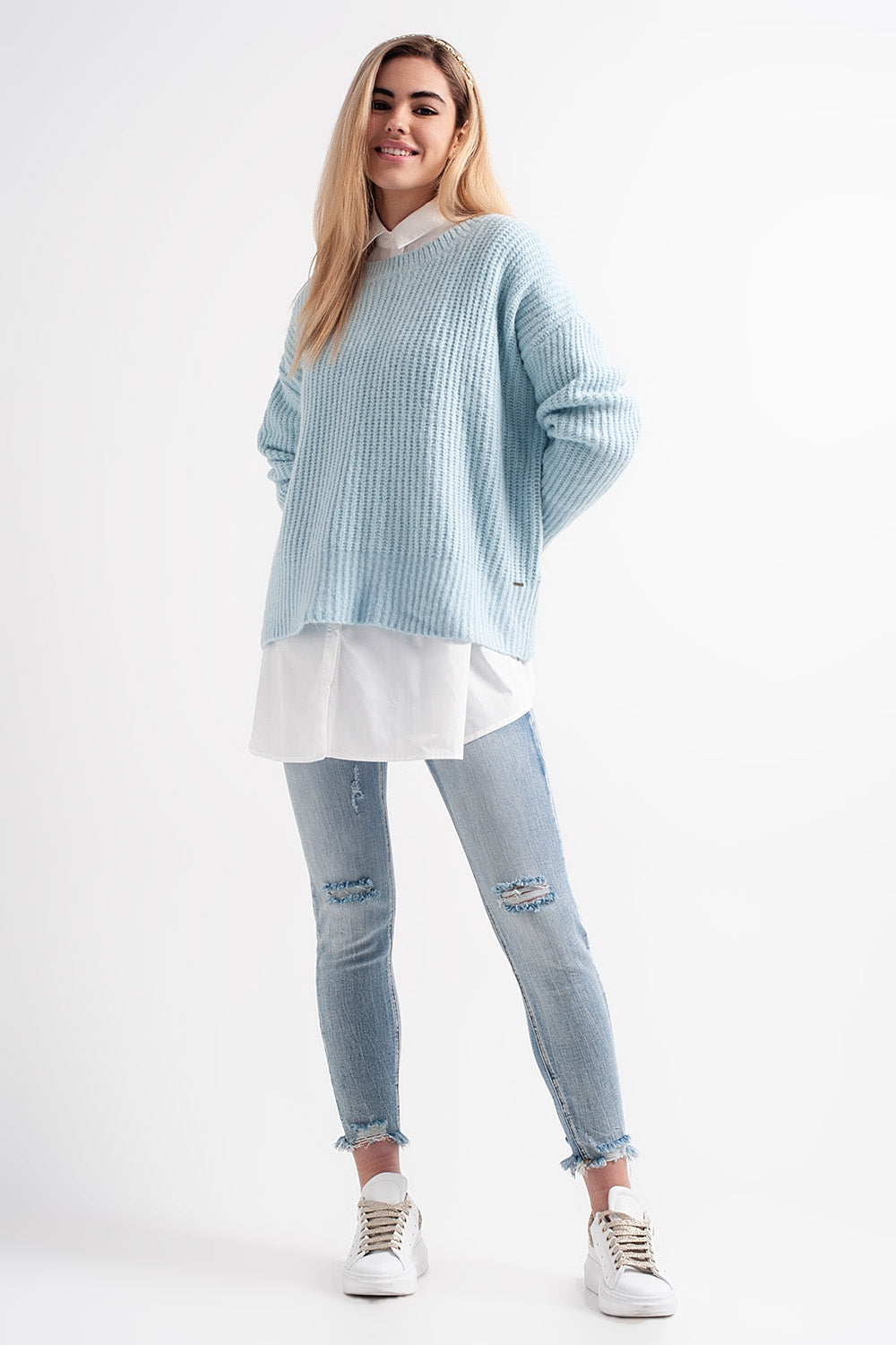 Jersey turquesa extragrande de canalé de punto estilo boyfriend Q2