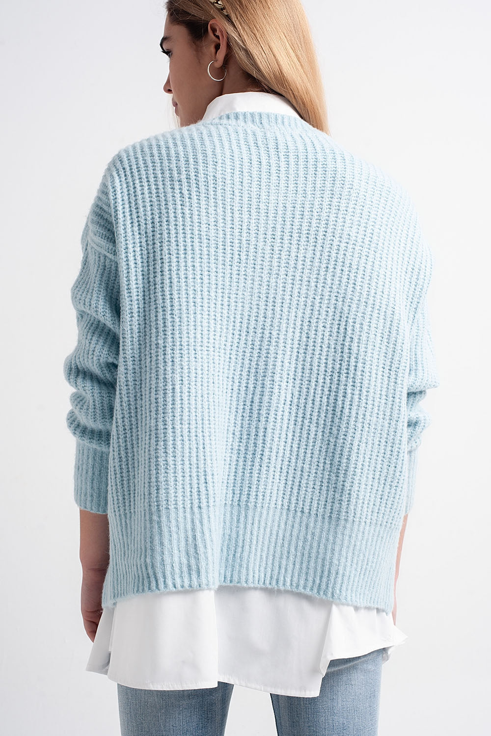 Jersey turquesa extragrande de canalé de punto estilo boyfriend Q2