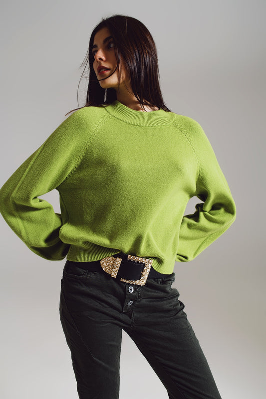 Q2 Jersey verde de estilo relajado con mangas globo