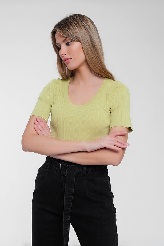 Q2 Jersey verde de manga corta con cuello ancho
