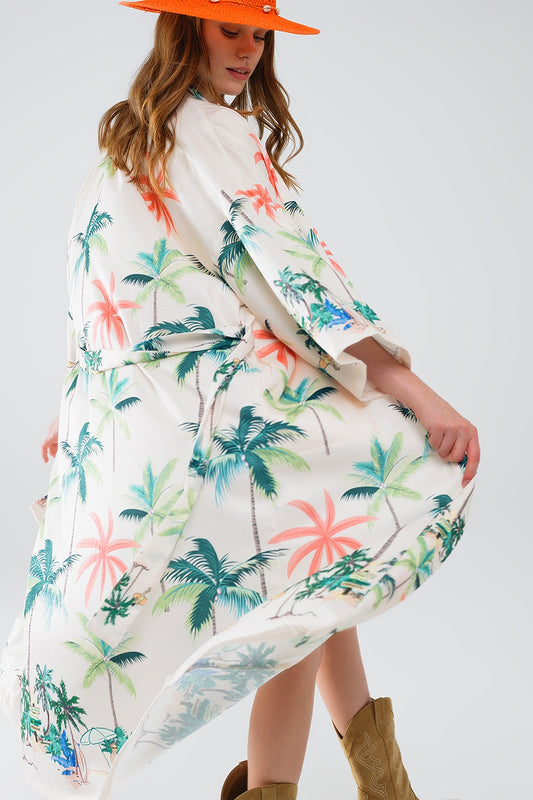 Q2 Kimono abierto en color crema con estampado playero y largo midi
