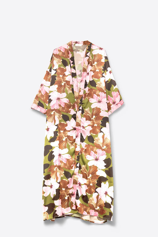 Q2 Kimono floral tropical de satén en verde oliva