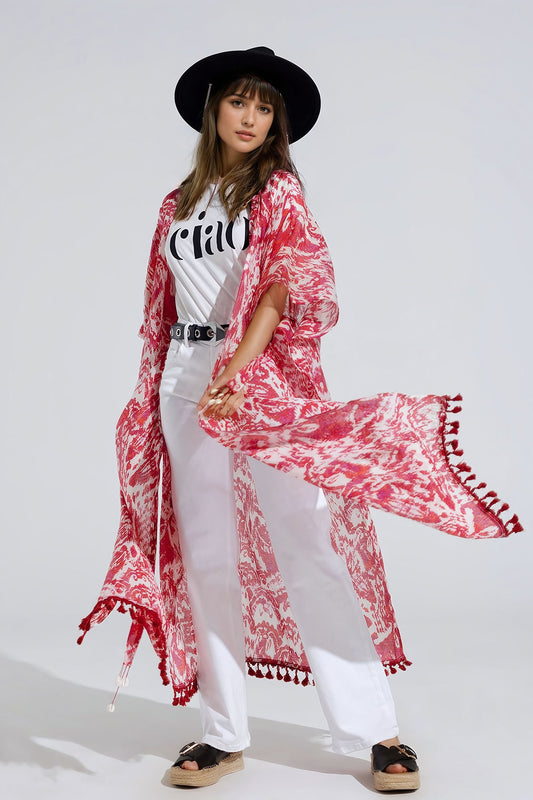 Q2 Kimono largo rojo con cierre de cordón y estampado tribal