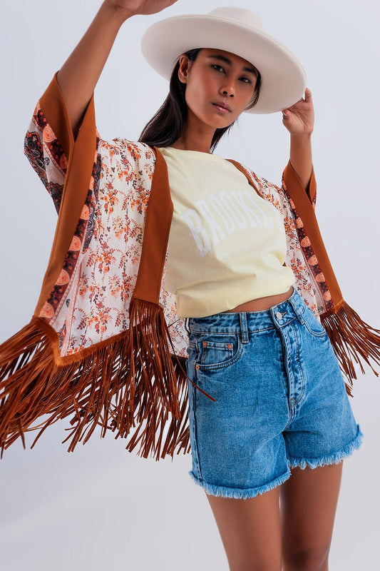 Q2 Kimono marron estampado con detalle de flecos