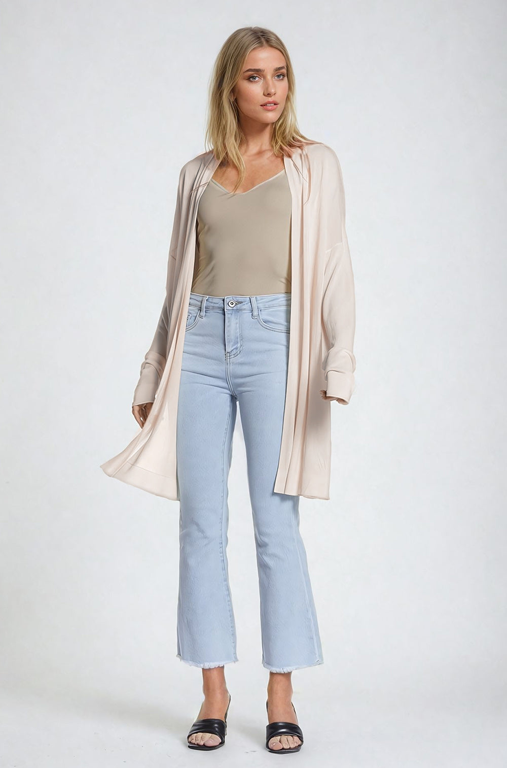Maxi Cárdigan Beige Abierto Manga Larga Q2