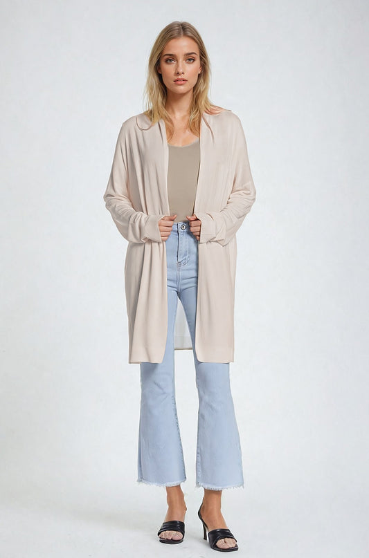 Q2 Maxi Cárdigan Beige Abierto Manga Larga