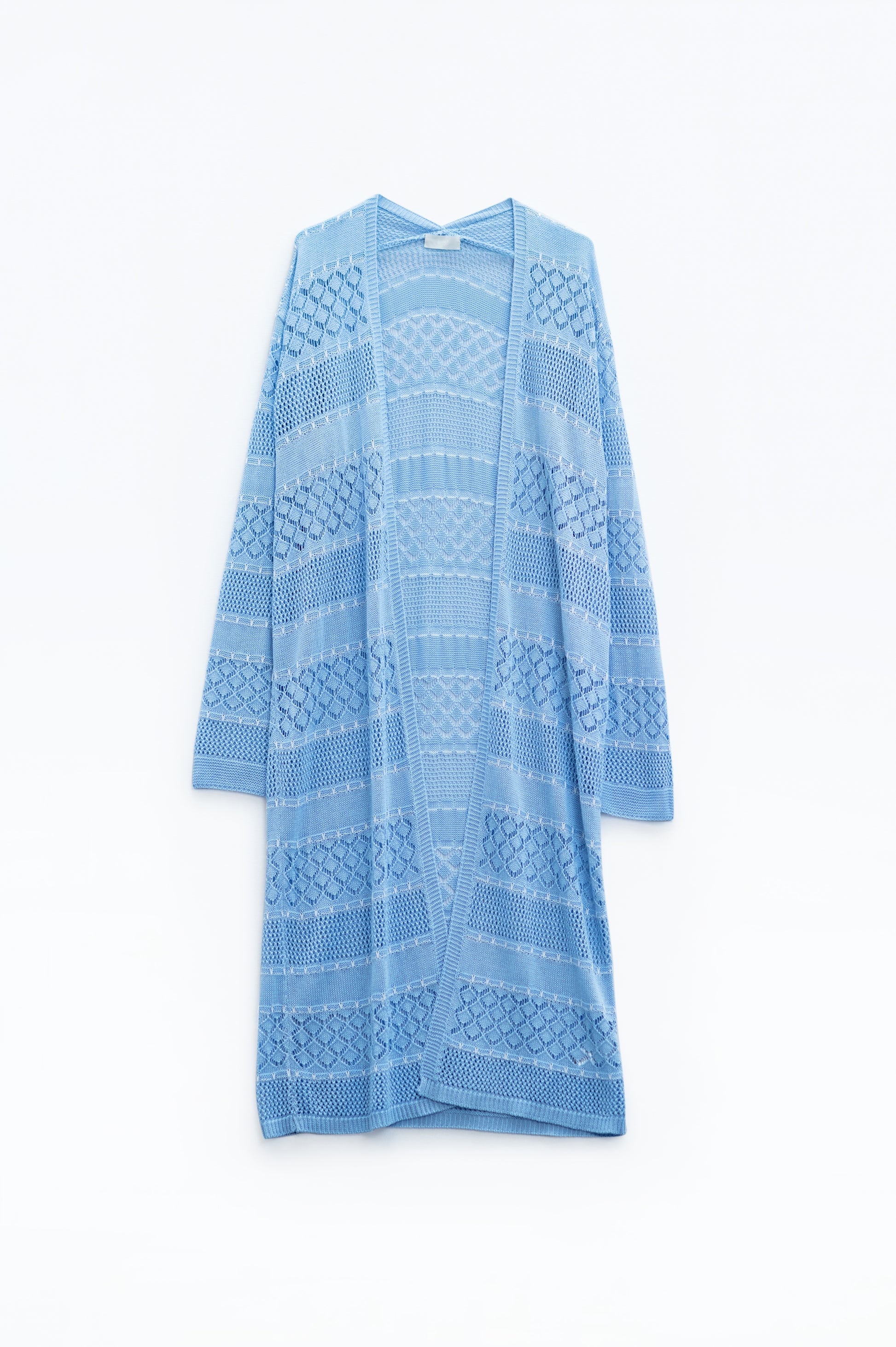 Q2 Maxi cárdigan de ganchillo azul bebé con mangas largas