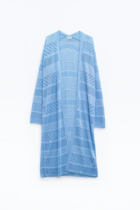 Q2 Maxi cárdigan de ganchillo azul bebé con mangas largas