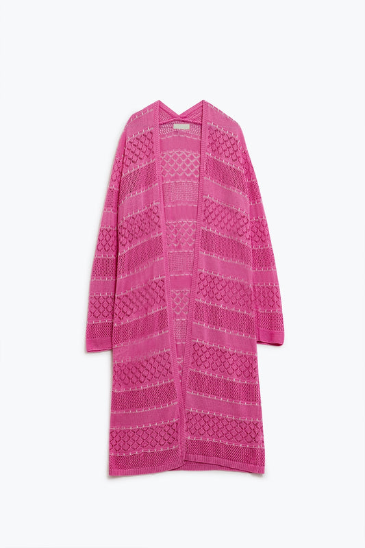 Q2 Maxi cárdigan de ganchillo rosa con mangas largas