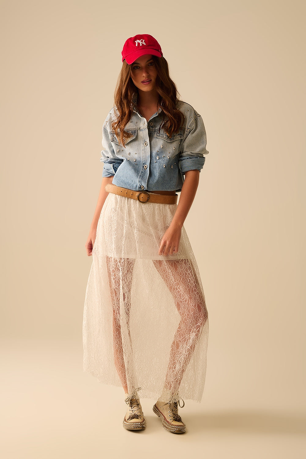 Maxi falda blanca de encaje con detalle de lentejuelas Q2