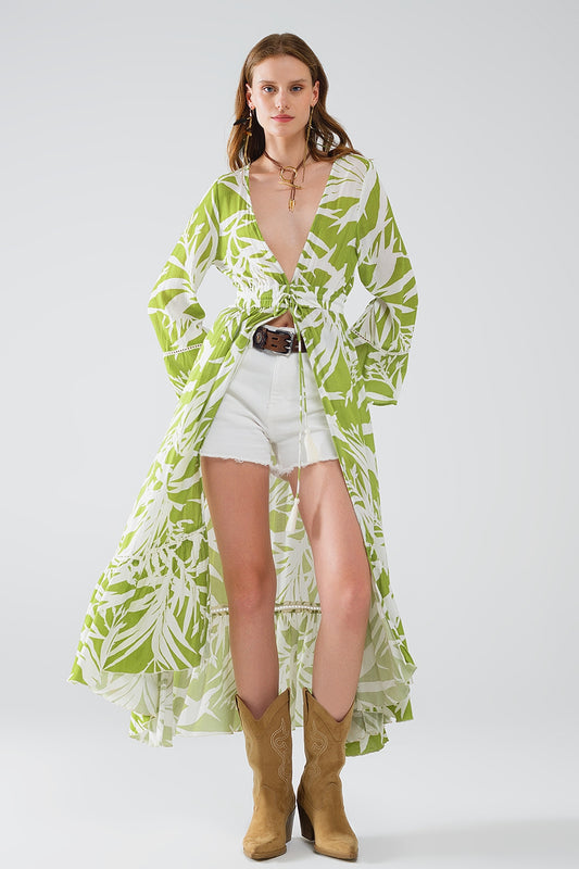 Q2 Maxi kimono verde con estampado tropical de palmeras