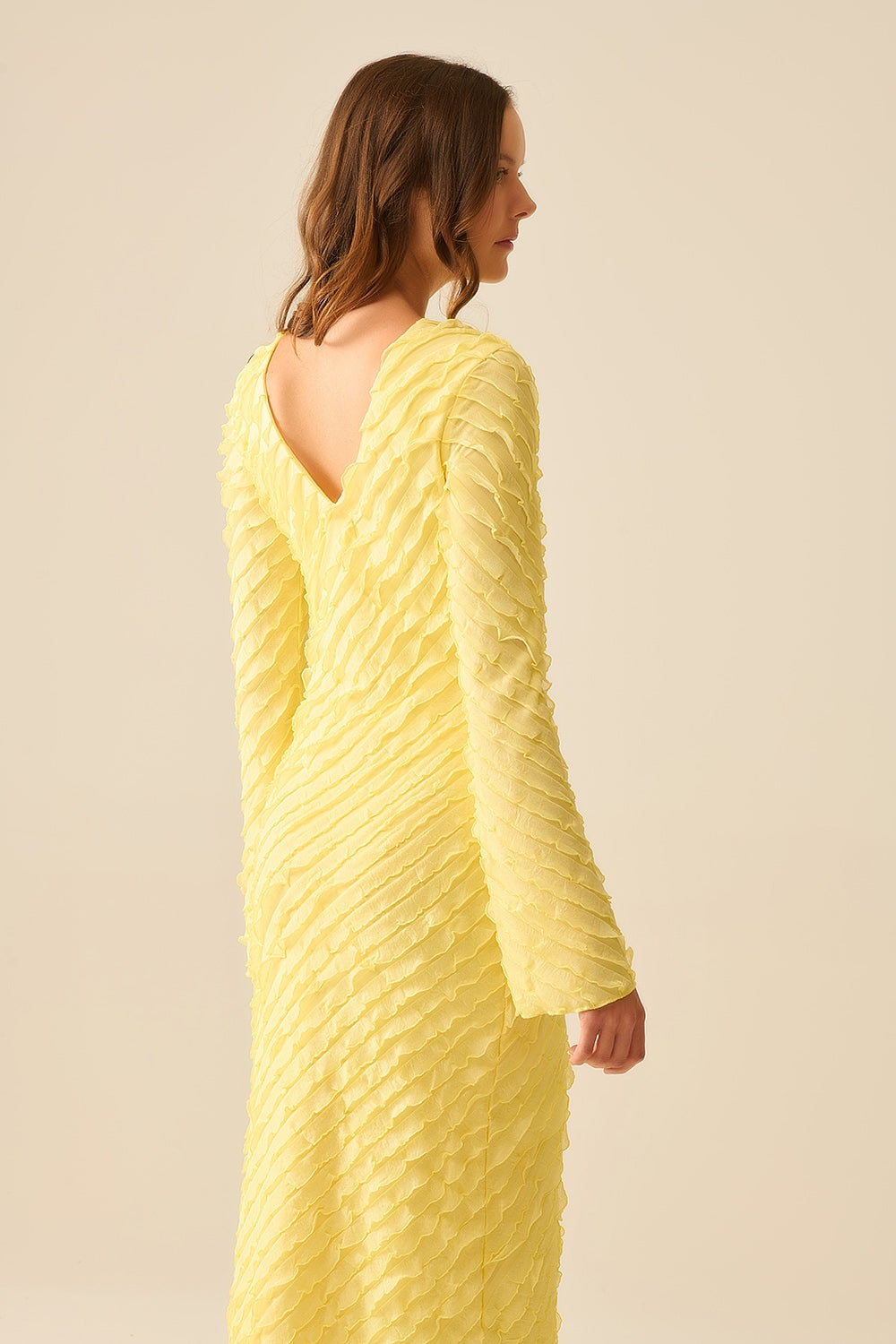Maxi Vestido Amarillo Mantequilla Con Diseño De Volantes Al Bies Mini Q2