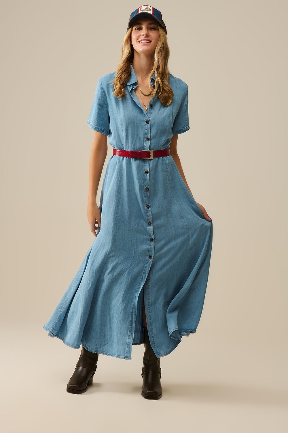 Maxi Vestido Azul Claro Abotonado Tejido Tencel Q2
