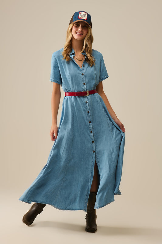 Q2 Maxi Vestido Azul Claro Abotonado Tejido Tencel