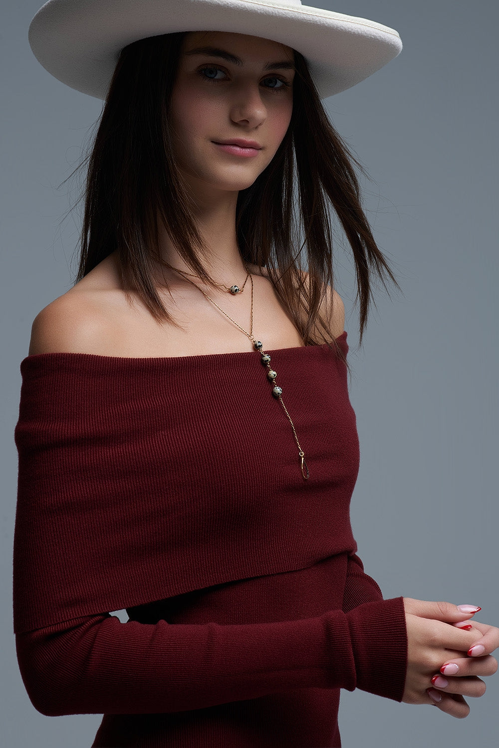 Maxi Vestido Bardot ancho de punto en burdeos Q2