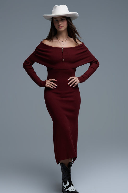 Q2 Maxi Vestido Bardot ancho de punto en burdeos