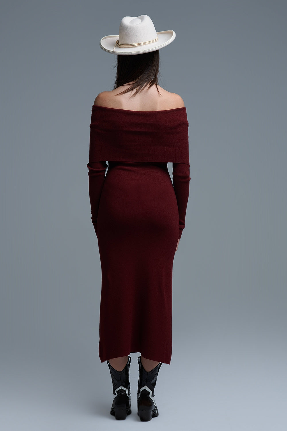 Maxi Vestido Bardot ancho de punto en burdeos Q2