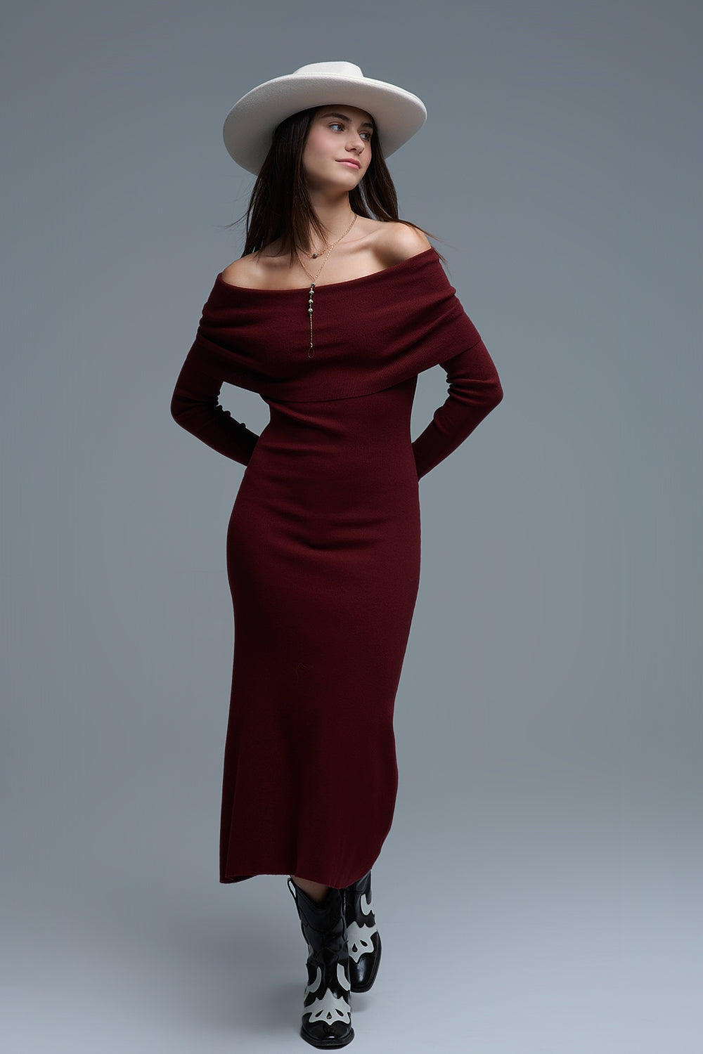 Maxi Vestido Bardot ancho de punto en burdeos Q2