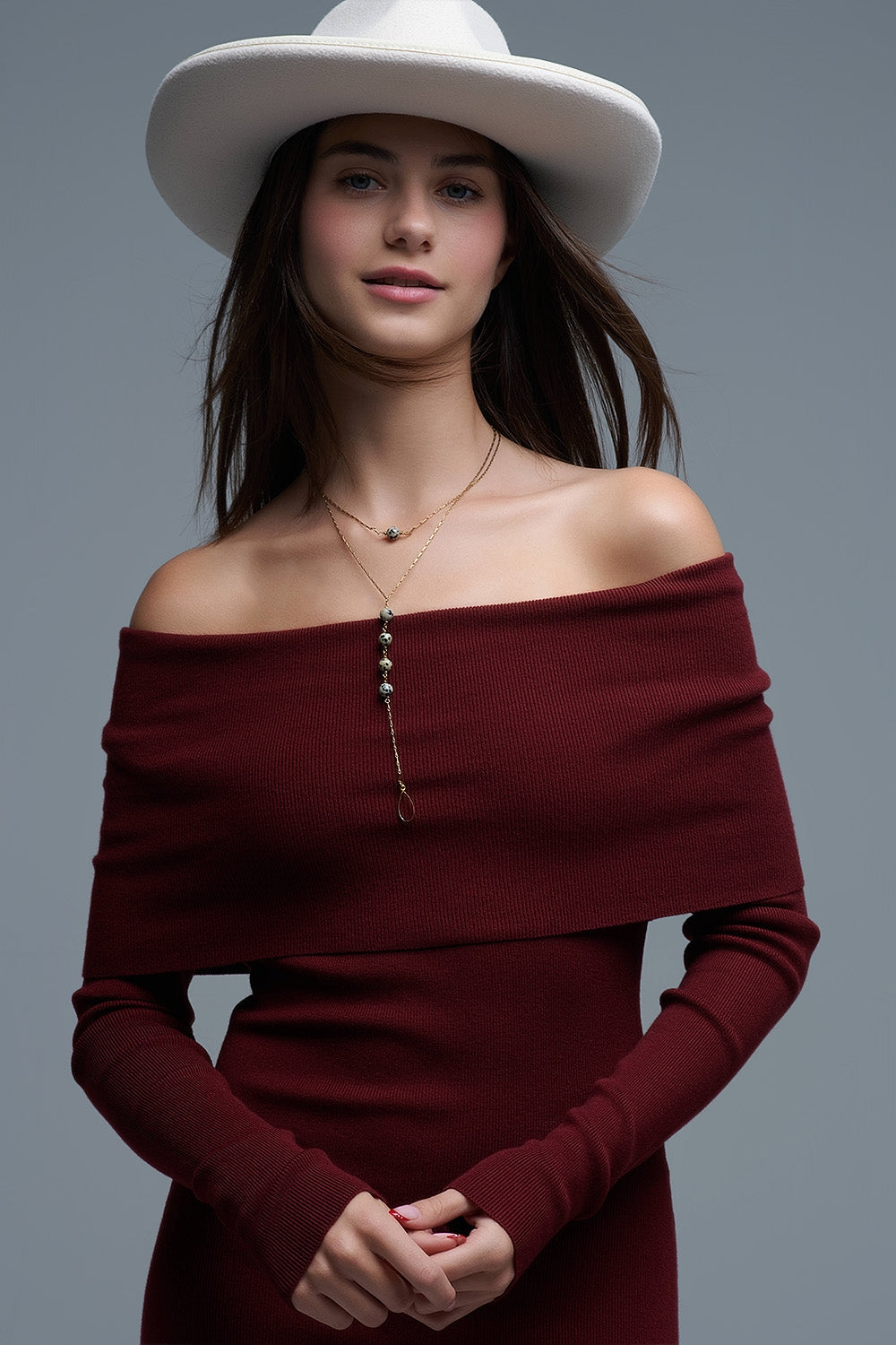 Maxi Vestido Bardot ancho de punto en burdeos Q2
