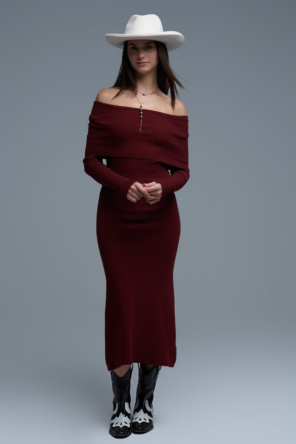 Maxi Vestido Bardot ancho de punto en burdeos Q2