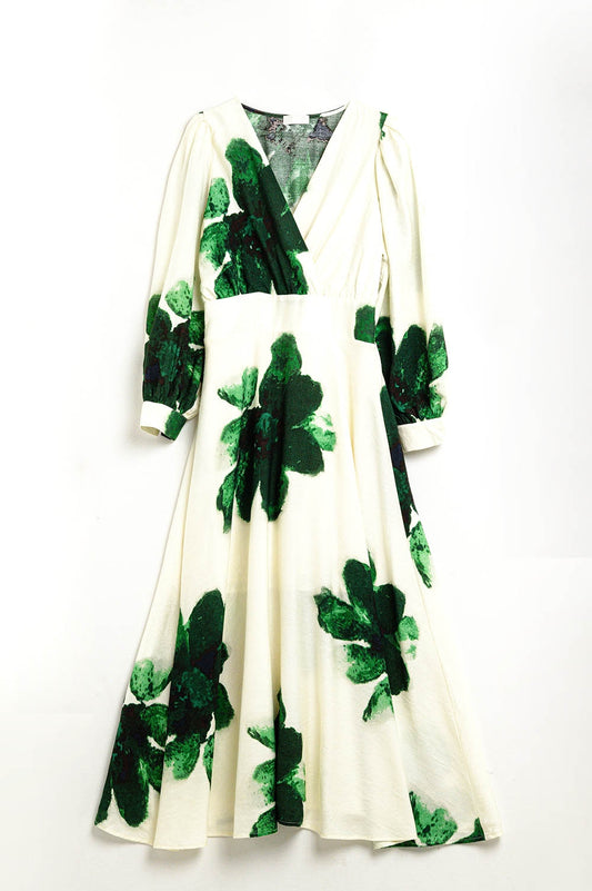 Q2 Maxi vestido beige con estampado floral tropical verde y mangas largas
