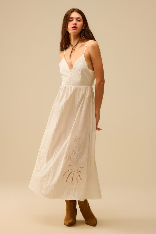 Q2 Maxi vestido blanco con palmeras bordadas