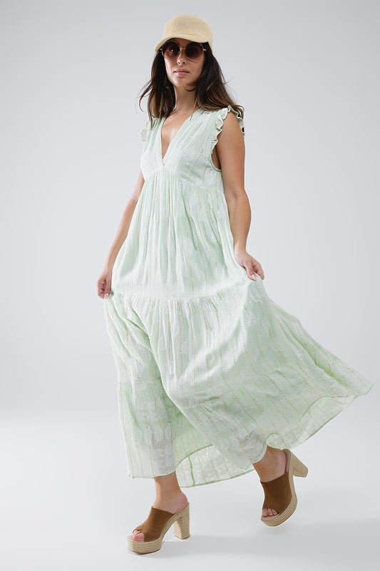 Q2 Maxi vestido boho con estampado de hojas y lúrex en color menta