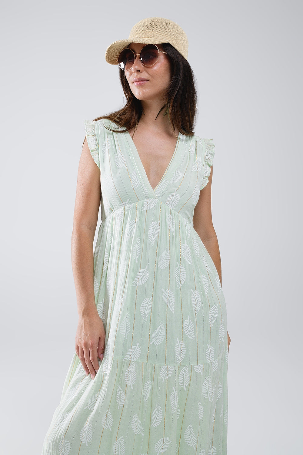 Maxi vestido boho con estampado de hojas y lúrex en color menta Q2
