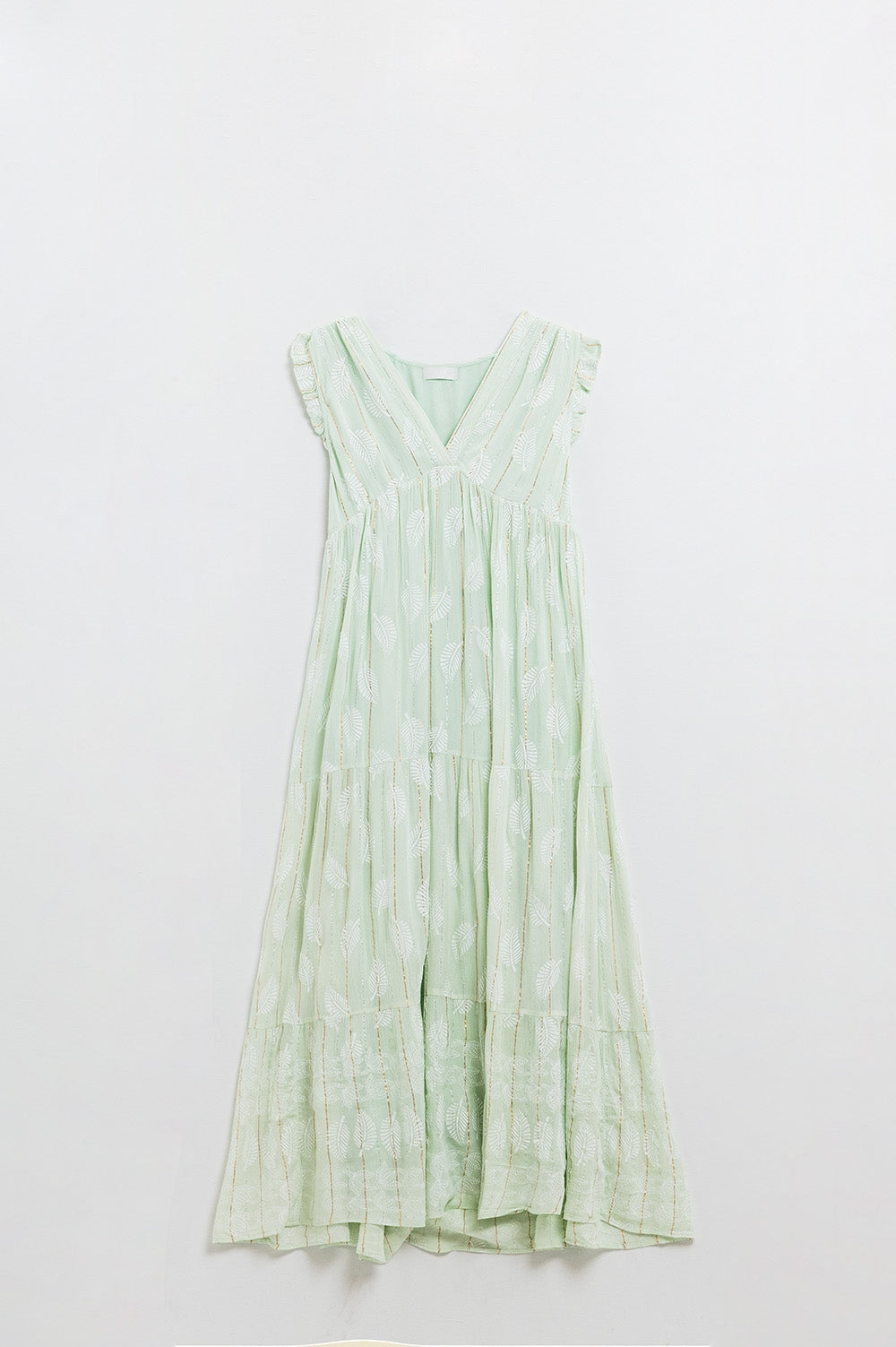 Maxi vestido boho con estampado de hojas y lúrex en color menta Q2