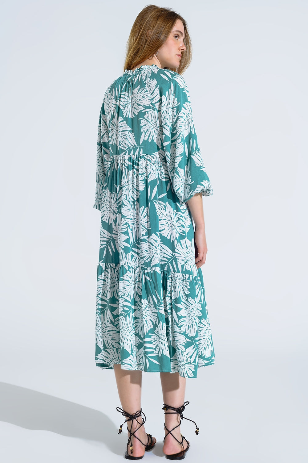 Maxi vestido boho con mangas globo y estampado de hojas en verde Q2