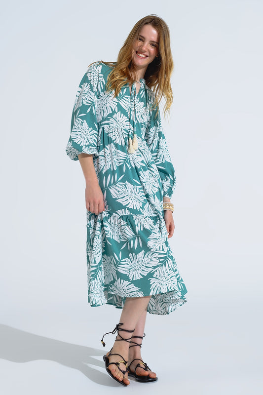 Q2 Maxi vestido boho con mangas globo y estampado de hojas en verde