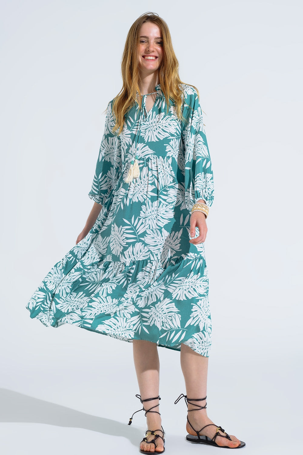 Maxi vestido boho con mangas globo y estampado de hojas en verde Q2