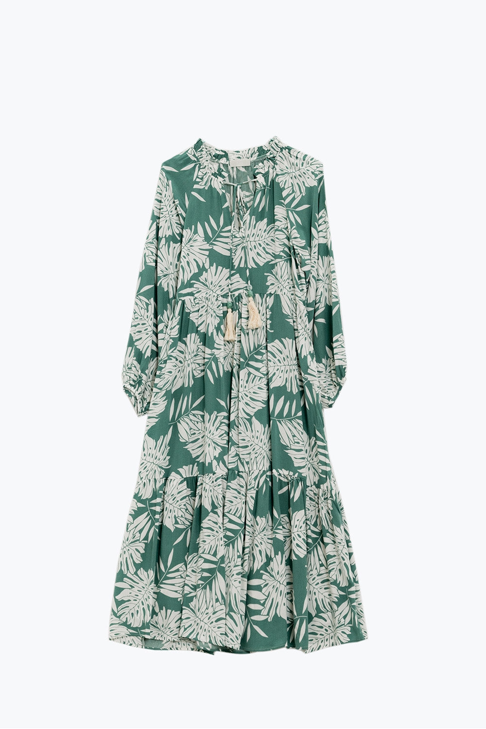 Maxi vestido boho con mangas globo y estampado de hojas en verde Q2