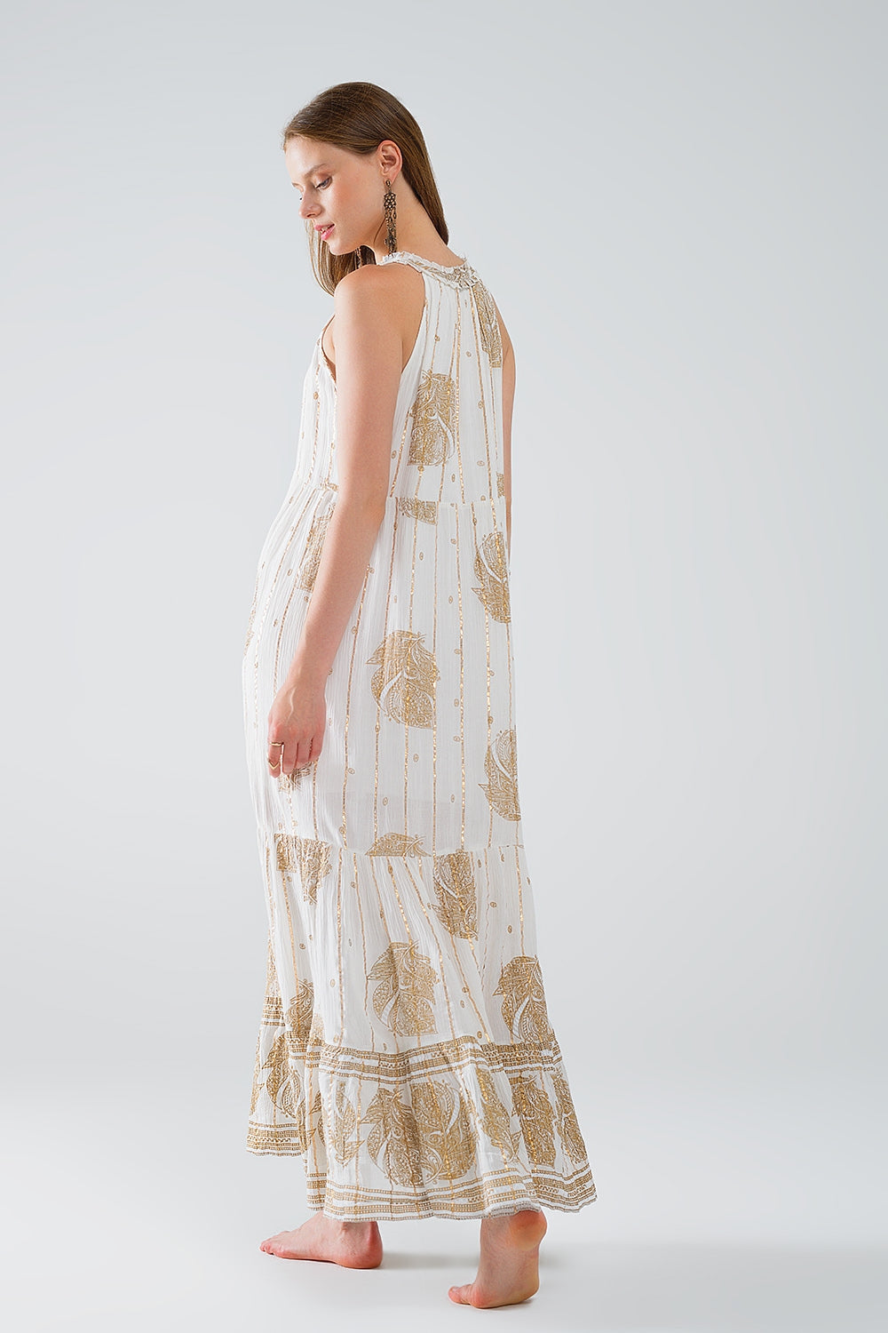 maxi vestido boho de gasa con estampado de flores doradas Q2