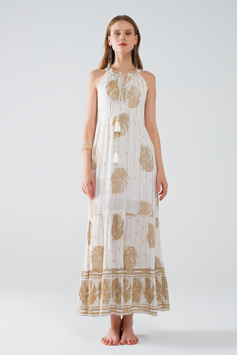 maxi vestido boho de gasa con estampado de flores doradas Q2