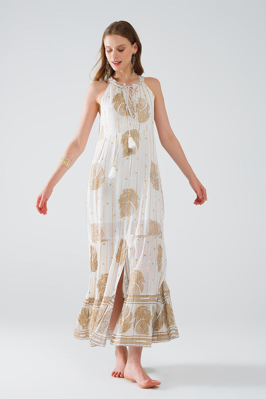 Q2 maxi vestido boho de gasa con estampado de flores doradas