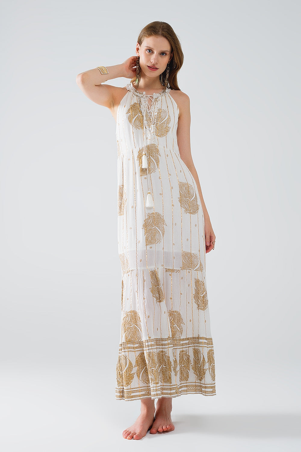 maxi vestido boho de gasa con estampado de flores doradas Q2