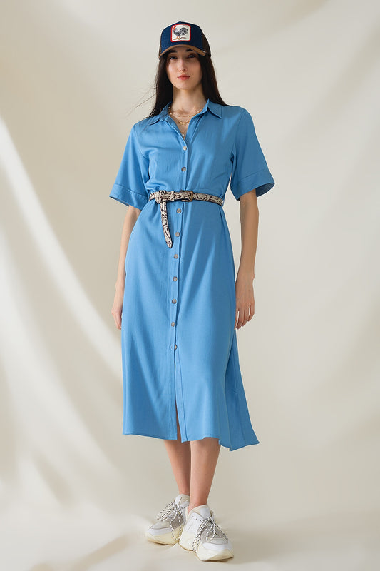 Q2 Maxi Vestido Camisero Azul Con Cuello Polo