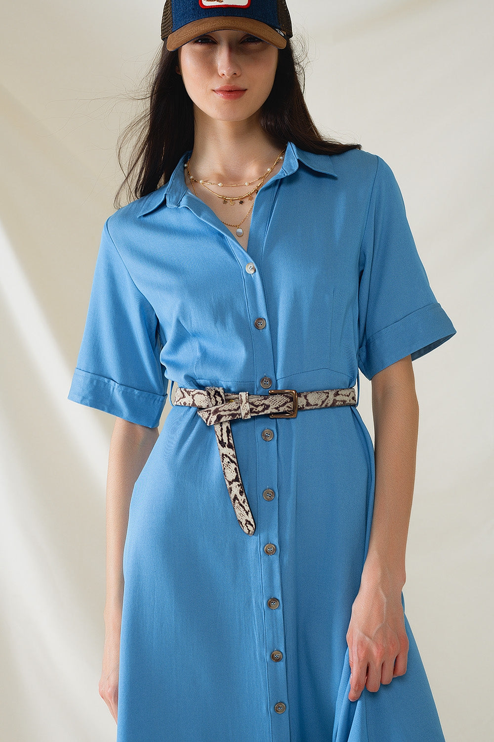Maxi Vestido Camisero Azul Con Cuello Polo Q2