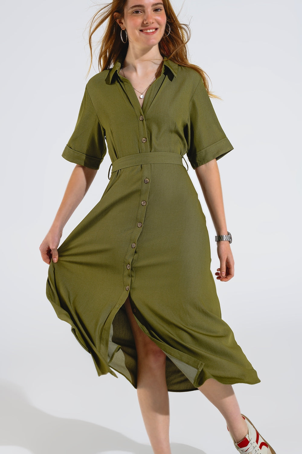 Maxi Vestido Camisero Verde Con Cuello Polo Q2