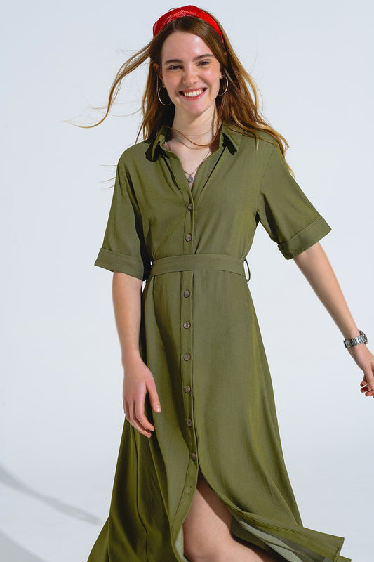 Q2 Maxi Vestido Camisero Verde Con Cuello Polo